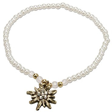 Alpenflüstern Filigran Perlen-Trachten-Armband Strass-Edelweiß - Damen-Trachtenschmuck mit antik-Gold-farbenem Edelweiss, elastische Trachten-Armkette, Perlenarmband in traditionellen Farben DAB050