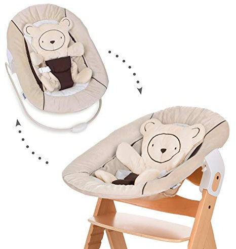 hauck 2in1 Babywippe & Neugeborenenaufsatz für Alpha+ & Beta+ Holzhochstuhl Alpha Bouncer 2in1, für Babys ab Geburt bis 9 kg, mit 3-Punkt-Hüftgurt, Teddy-Einlage und Wippgestell (Hearts Beige)
