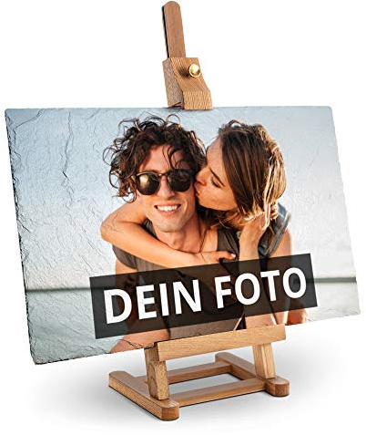 PhotoFancy – Schieferplatte mit Foto bedrucken lassen – Schiefertafel personalisiert – Schieferplatte mit deinem Foto und Staffelei zum Aufstellen (40 x 25 cm)