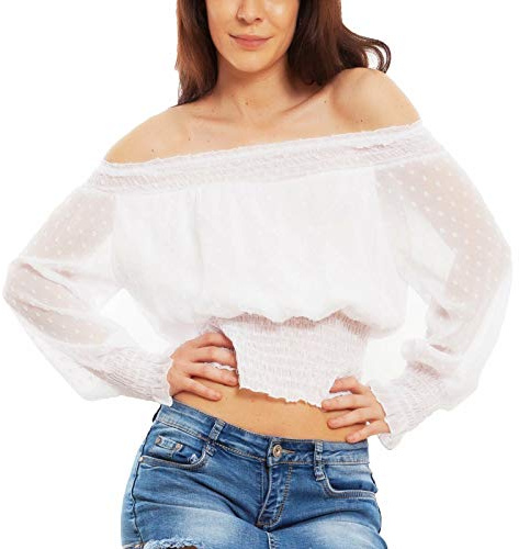 Toocool - Top Donna Corto Crop Velato Maglia Spalle Nude Elasticizzato VB-6179 [Taglia Unica,Bianco]