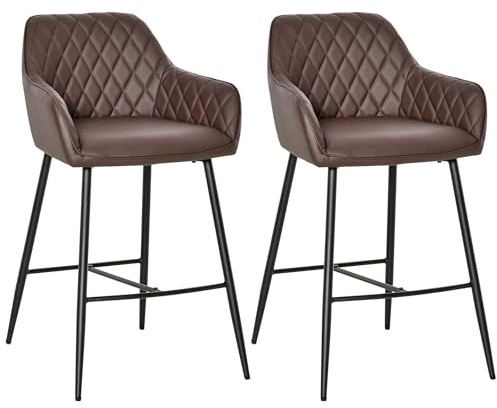 HOMCOM Set of 2 Bar stools Retro PU Leather Bar Chairs w/Footrest Metal Frame Comfort Support Stylish Dining Seating Home Brown