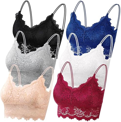 Leezepro Damen BH 6er Pack Ohne Bügel Push up Crop Top Sexy Bustier Spitze BH Set Sport BH für Alltag Yoga Fitness(Schwarz-Weiß-Grau-Haut-Rot-Blau,L)