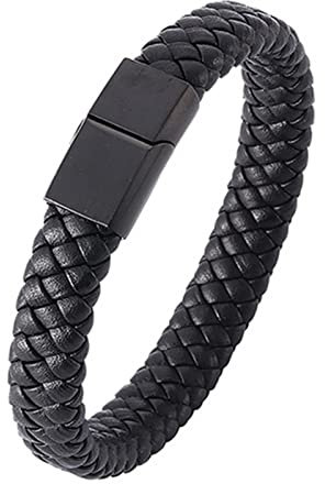 Skcess Magnetarmband Herren Schwarz，Herrenarmbänder Leder Geflochtenes Lederarmband Rostfreier Stahl Lederarmband Herren 18.5cm