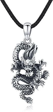JFASHOP Drachen Halskette für Männer Frauen, S925 Sterling Silber Chinesisch Retro Vintage Dragon Anhänger Schmuck Geschenk