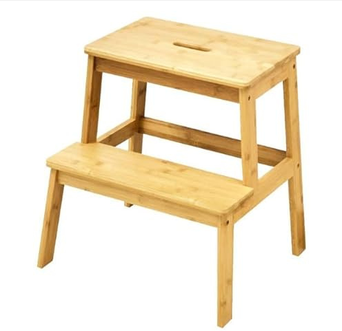 AAMEN Wooden Step Stool Natural Color Non-Slip Foot Step Stool For Kids, Adults Heavy Duty 2 Step Ladder For Bedroom, Kitchen, Toilet, Bathroom With 250lbs Load capacity_50H x 38D x 42W
