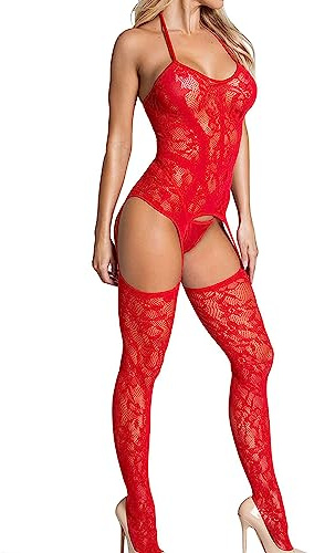 ROSVAJFY Lencería sexy para mujer, body travieso de red, body de encaje halter, babydoll, ropa de noche, medias elásticas huecas, minivestido con tirantes, color rojo y negro, rosso, talla única