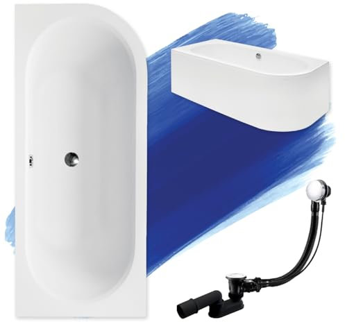BADLAND Original Badewanne 170x75 cm Links Acryl KOMPLET KOMPLETTSET SET Schürze Siphon Wanne Eckwanne Ecke Eckbadewanne Weiß Design Modern Ablaufgarnitur in Chrom für 2 Personen Made in EU 4in1