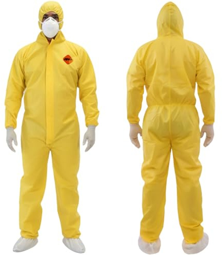 Tiger Tough Yellow Hazmat Suit Disposable, Chemical Protective Coveralls with Hood, Zipper, Booties, Elastic Cuff & Waist, PPE Paint Suit, Cleaning Jumpsuit, Biohazard Protection, XL, 1-Pack