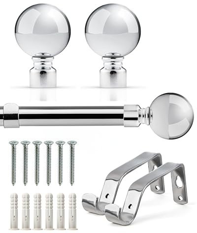 Emma Barclay Extendable Curtain Pole With Finials Brackets & Fittings Sets 16-19mm in Chrome Metal Curtain Poles For Eyelet Curtains Rod - Ball Collection 1.2m - 2.1m Chrome