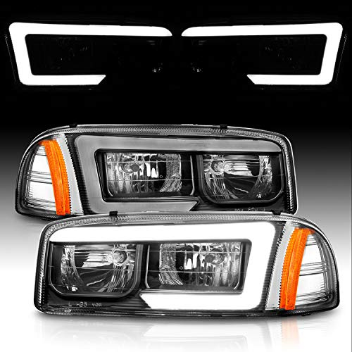 AmeriLite for 1999-2006 GMC Sierra 1500 2500 3500 Yukon XL C-Type LED Tube Black Replacement Headlights Pair - Passenger and Driver Side