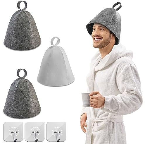 Palwin 3 Stück Saunahut, Filz-Saunahut mit Haken Selbstklebend, Saunamütze Damen, Ideales Sauna Hut Mütze für Herren, Gute Qualität Sauna Zubehör, Filzkappe Hat Lustig Mütz Duschhaube (Grau und Weiß)