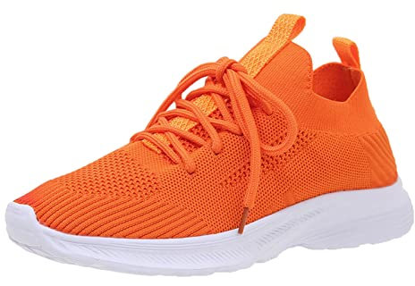 VBEDKDEB Damlöparskor skor dam sportskor platt golv lätt flygande vävt nät andas bekväma enfärgade snörskor dam sneakers sneakers dam vit, apelsin, 38 EU
