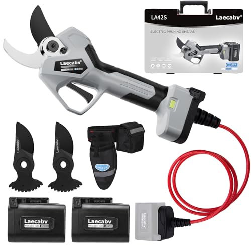 Laecabv Tijeras de Podar Eléctricas, 42mm Tijeras de Podar con Batería Profesional, Tijeras Rama Inalámbrico con Motor sin Escobillas, 2 Piezas Batería de Litio Recargable de 25V/4Ah (LA42SGYBK)