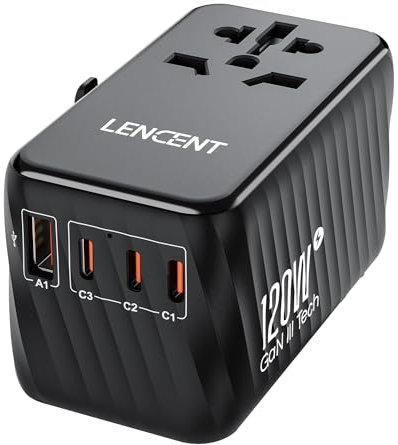LENCENT GaN 120W Adattatore da Viaggio Universale, Caricatore Rapido con 3 PD3.0 Tipo C+1 QC USB A, Adattatore di Alimentazione per Telefoni, PC, Tutto in Uno Spina da Viaggi per EU/UK/USA/AUS -Nero