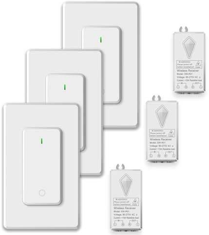 NineLeaf 3Stück Funk-Lichtschalter-Empfänger-Kit, Wandmontierter Lichtschalter, Schnalle Design & abnehmbar, keine Verkabelung, programmierbar Außen 1300ft Innen 300ft Fernsteuerung Beleuchtung