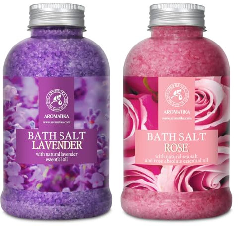 Sali da Bagno Set Lavanda & Rosa 2х600g - Sale Marino con Olio Essenziale di Lavanda - con Olio Essenziale Assoluto di Rosa - Cura del Corpo - Rilassamento - Bellezza - Aromaterapia