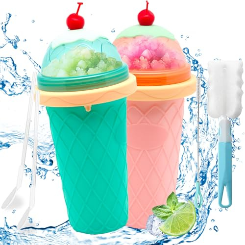 Slush 2-teiliges Set, Silikon Squeeze Cup zum Kneten Smoothie & Pinch Ice DIY Slushy Maker Sommer-Slush mit Strohhalmlöffel