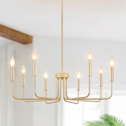 Rviezza Gold Chandelier, 8-Light Farmhouse Chandeliers for Dining Room, Gold Candle Chandelier Light Fixtures for Kitchen, Living Room, Foyer, Entryway