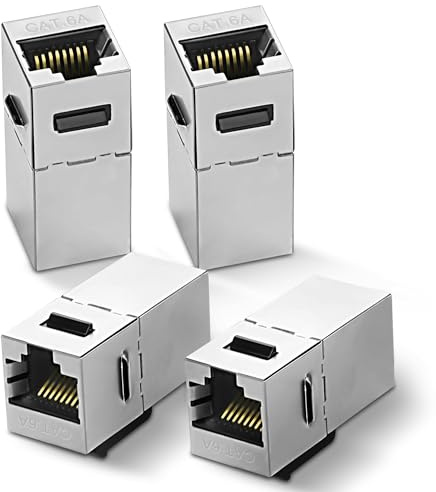 MEIRIYFA RJ45 Cat 6A skärmad inline-koppling, Ethernet Cat 6A-uttag till hona, Keystone Jack 10 Gbps 8P8C rak modulär kontakt för Cat6A/6/5e/5 nätverkskabel – 4 stycken, silver (Cat 6A)