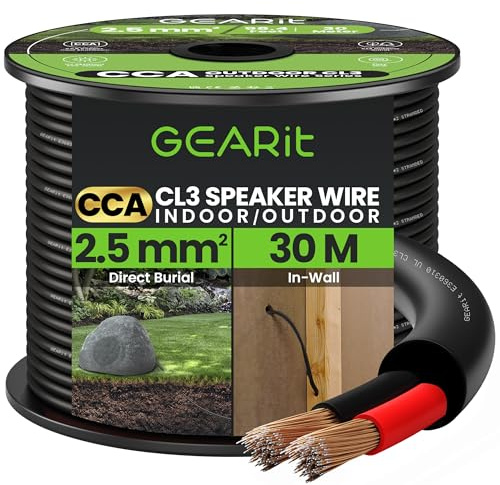 GEARit 2x2.5mm² Speaker Cable, CL3 In-Wall Rated CCA Speaker Wire 14 Gauge, 14AWG 2 Core Audio Cable for Home Cinema, Outdoor Direct Burial, Garden Speakers and Car Stereo- 30M, Black