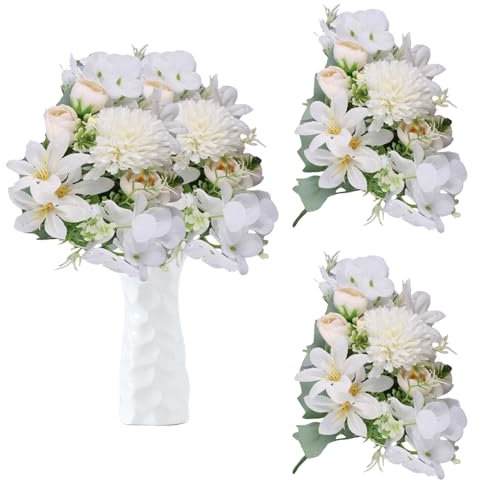 astylishome Artificial Flowers for Grave 28 Pcs Faux Hydrangeas Realistic with Stems Fake Flower for Wedding Bridal Bouquets Home Office Party Decor Floral Arrangements White 1017