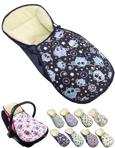 Fotsäck för babystol [vinteråkpåse] för barnbilstol kompatibel med Maxi Cosi babyskålar grupp 0 lammull sittdyna justerbar (uggla 15)