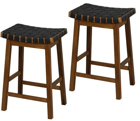 Moderne Sattelhocker aus PU-Leder, 2er-Set, Küchenthekenhöhe, Barstühle mit gebogenem Sitz und Fußstützen, Akazienholz, Frühstückshocker für Zuhause, Esszimmer, 44 x 35 x 65 cm
