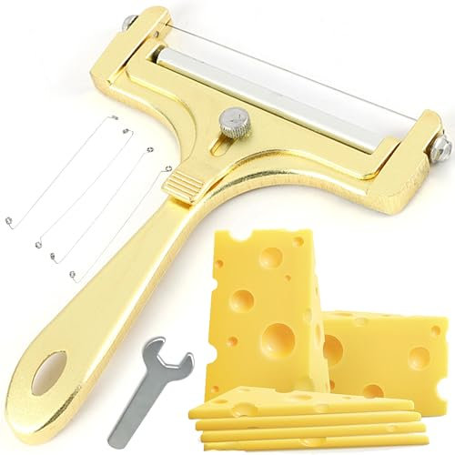 QSLKI Cheese Slicer with Roll and Cutting Wire, Handheld Adjustable Thickness Slicer Cheese Tool, Cheese Slicer Cutter Adjustable Thickness, Quick Replacet, Dishwasher Safe, with 4 Extra Wires, Gold