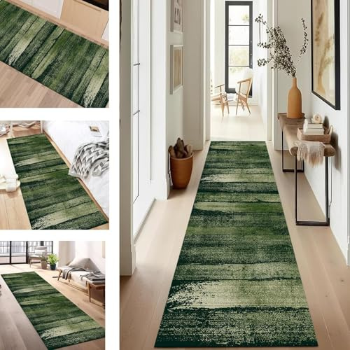 SUCERU Teppich Läufer Flur rutschfest 40X200CM Grün Küchenteppich Waschbar Läufer Flur Teppich Bettvorleger Schlafzimmer Weich Eingangsteppich Innen Lang Läufer Teppich für Flur Wohnzimmer