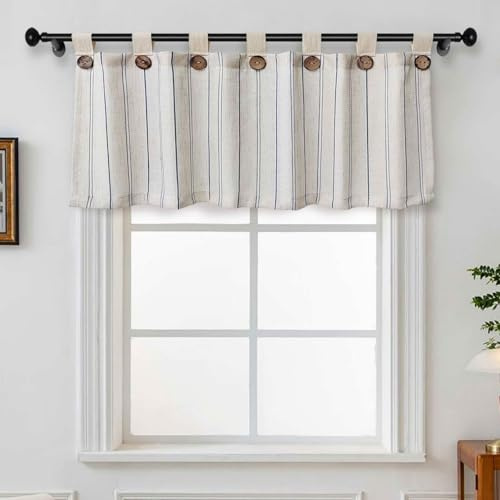 WJLQLM Striped Kitchen Curtains Farmhouse Linen Tier Curtains Tab Top Boho Rustic Button Light Filtering Small Window Short Curtain for Cafe Bathroom Bedroom Drapes 1Panel (W39 X L20 Inch,Beige)