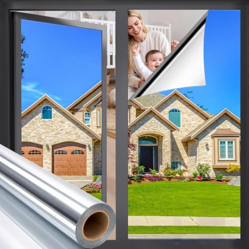 AMIGO Spiegelfolie Fenster Sichtschutz 90x300cm Sonnenschutzfolie Fenster Innen & Außen Fensterfolie Sonnenschutz Einseitige UV Folie Fenster Hitzeschutz ideal für Wohnzimmer und Büro, Silber