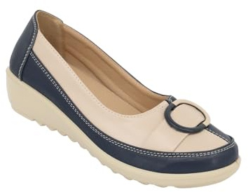 Ladies Wide E Fit 2 Tone Shoe, Comfortable Flexisole Trainer with Padded Insole & 1.5 Wedge Heel
