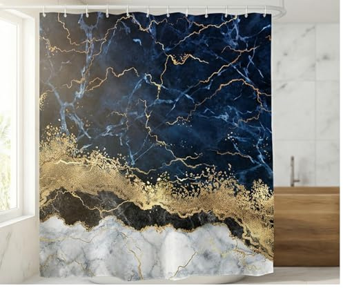 goodbath Marmor-Duschvorhang, abstrakt, luxuriös, modern, wasserdicht, Badezimmer-Badevorhänge mit 12 Haken, Blau, 180 x 200 cm