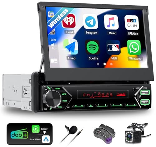Single Din Car Stereo with DAB+ Wireless CarPlay Android Auto, 6.86 inch HD Motorized Flip Out Touch Screen 1 Din Car Radio with Bluetooth, FM, Mirror Link, Type-C/USB/AUX, MIC + SWC + Backup Camera