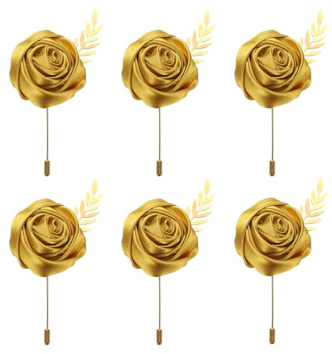 QUARKZMAN 6 Stück Goldene Rosen Ansteckblumen Knopflöcher Taschenanstecker Pins mit Blatt für Hochzeitszeremonie Jubiläum Abschlussball Formelles Abendessen Party (4,7 x 2 Zoll) | Knopflöcher Taschenanstecker Pins mit Blatt für Hochzeitszeremonie Jubiläum Abschlussball Formelles Abendessen Party
