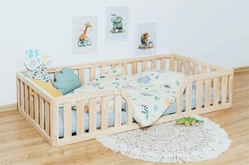 Mandrele - Montessori Bett, Bodenbett mit Lattenrost, Rausfallschutz Bett, Kinderbett, Holzbett mit Bettgestell für Jungen und Mädchen, 120x200 cm, Natur