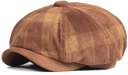 WENYOG Schiebermützen Herbst Winter Plaid Dicke Newsboy Hut Cord Baskenmütze(Coffee)
