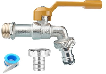 Brass Garden Tap,1/2 Inch Inlet and 3/4 Inch Outlet Outside Taps,Rust and Antifreeze Output Faucet with 2 Hose Connectors for Garden Washing Machine Rain Barrel