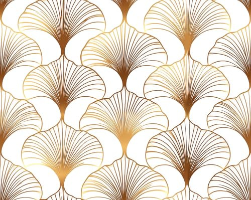 ReWallpaper Papier Peint Adhesif Mural Geometrique Blanc Doré 44.5CMx7M Vinyle Film Autocollant Motif en Éventail Doré Amovible Rouleau Adhesif Decoratif Chambre Salon Minimaliste Vintage