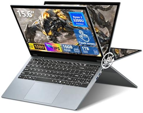 Moacreto 15,6 Pouces Ordinateur Portable 2 en 1, Ryzen 3 3200U processeur, 16 Go RAM SSD 1 to, PC Portable écran IPS 1920 x 1080, avec RJ45, Type-C, USB 3.0, Ultra-Fin et léger Laptop