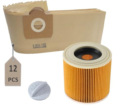AVAENZO 12 Sacchetti 6.959-130.0 1 Filtro a Cartuccia per Kärcher WD3 WD3 Premium MV3 SE 4001 SE 4002 WD3.200, ricambio per aspirapolvere 6.414-552.0