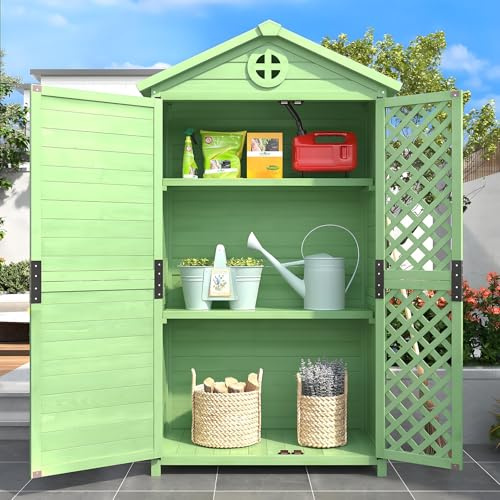 Casetta Porta Attrezzi,Armadietto Porta Attrezzi, Casetta Da Giardino in Legno Resistente Alle Intemperie, Mobiletto Da Giardino, 90 X 56,5 X 175,3Cm,Con Ante,Ripiani,Scomparti Porta Attrezzi,Green