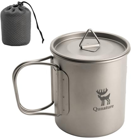 Qunature Tasse Camping Titane 375ml avec Couvercle | Mug en Titane Pur Léger et Durable avec Poignée Rabattable pour Café, Thé, Randonnée et Backpacking