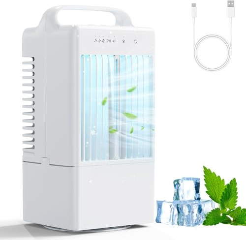 Portable Air Conditioner, 4 in 1 Mini USB Fan with 90° Oscillation, 3 Speed Settings, 2/4H Timer, and 7 Color LED Lights for Home and Office