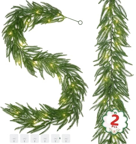 2 Stück Weihnachtsdeko 160cm Tannengirlande mit Lichtern & Haken, Girlande Weihnachten Deko für Drinnen Draußen Kamin Fenster, Christmas Decorations Weihnachtsdeko Aussen beidseitig aufhängbar
