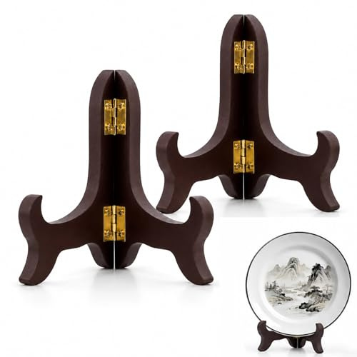 EMTPJAL 2pcs 4 Easel Plate Holder, Wooden Folding Display Stand Black for Decorative Picture Frame