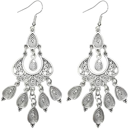 Boucles d'oreilles pendantes vintage, grandes boucles d'oreilles chandelier en argent pour femme, design bohème en forme de goutte d'eau et de fleur géométrique