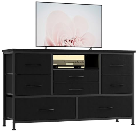 8 Drawer LED Dresser TV Stand with Power Outlet for 55'' TV - Wide Storage Chest for Bedroom, Living Room & Entryway, Wood Top Console Table with 22 Light Modes,TV Stand with 2 USB Ports,Black