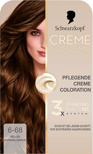 Schwarzkopf Creme Supreme Coloration 6-68 Helles Karamellbraun (182 ml) | Dauerhafte Haarfarbe mit Serum und Haar-Maske, schützt vor sichtbaren Haarschäden, intensive Farbe für 100% Grauabdeckung