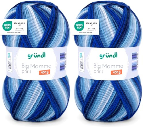 Gründl Wolle Big Mamma Print - XXL Wolle zum Stricken mit Farbverlauf - Weich und hautfreundlich - 100% Polyacryl - 1 Knäuel 400 g / 1040 m - Nadelstärke 3,5-4,5 - royalblau-jeans-himmelblau-weiß